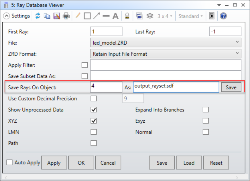 The settings on the ray database viewer