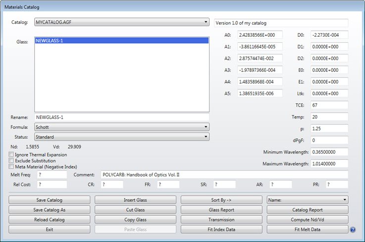 Materials Catalog window with MYCATALOG.AGF