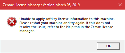 Unable to apply softkey license information to this machine