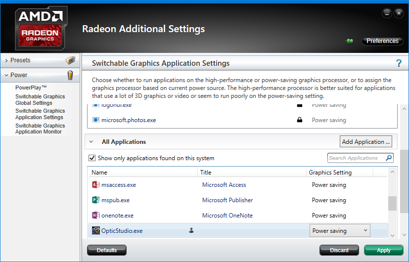 finding 'opticstudio.exe' in AMD software