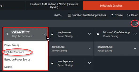 finding 'opticstudio.exe' in AMD software