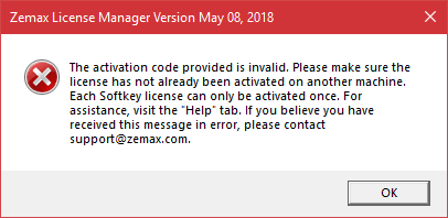 Solving softkey activation or transfer errors (Zemax legacy 