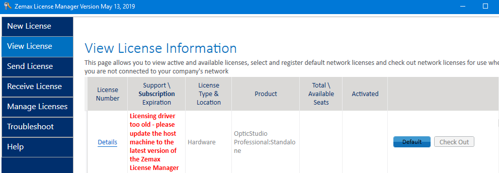 licensing driver too old - please update the host machine to the latest version of the zemax license manager