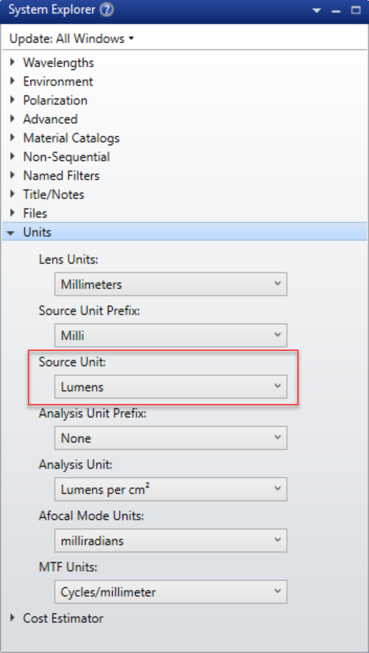The settings for photometric analysis