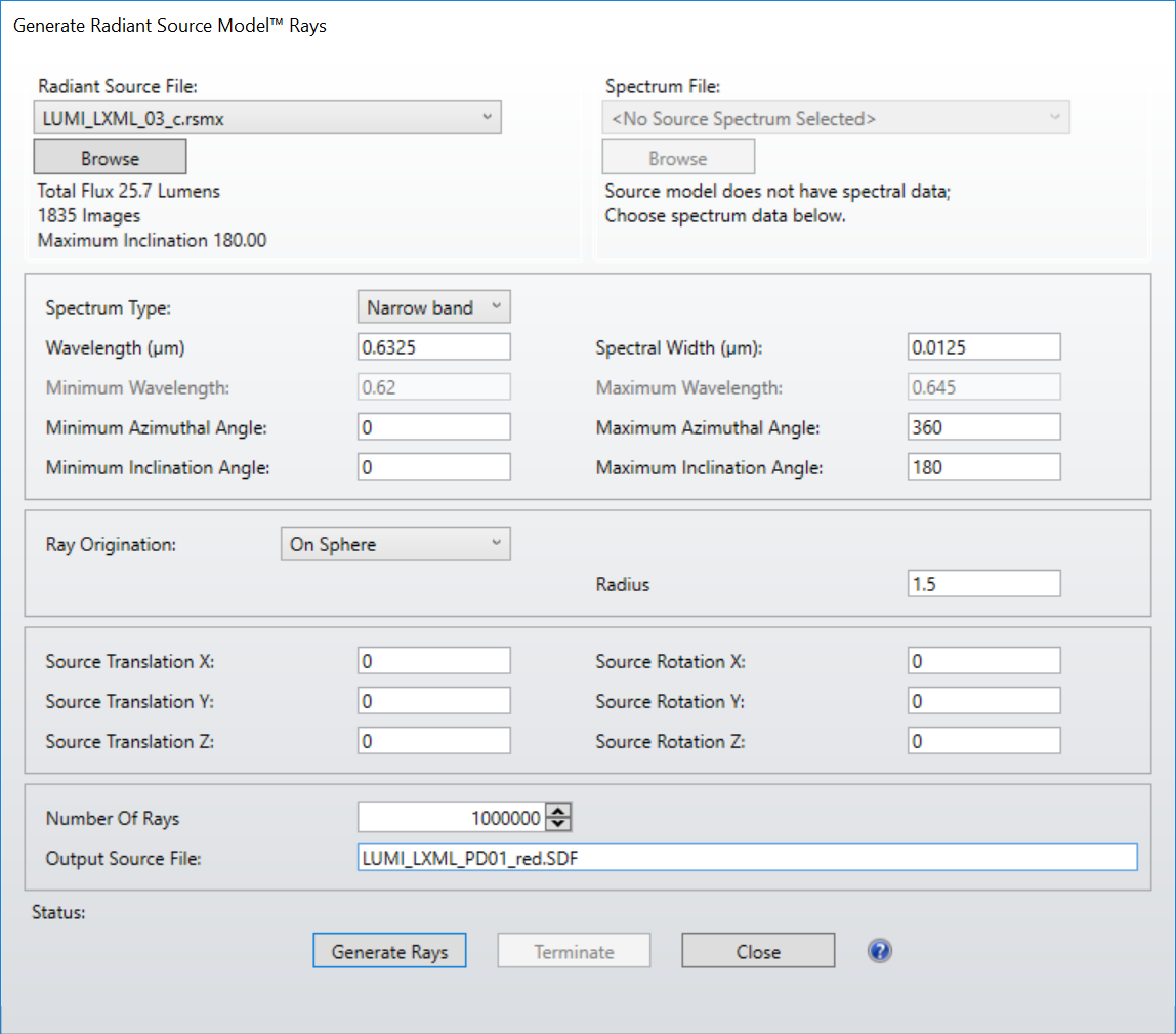 The ProSource ray-generation dialog