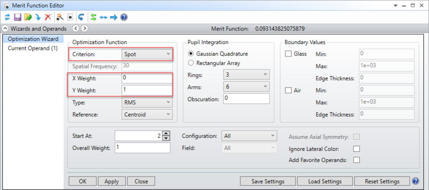 Set up the merit function for the minimum spot measured in the y-direction.